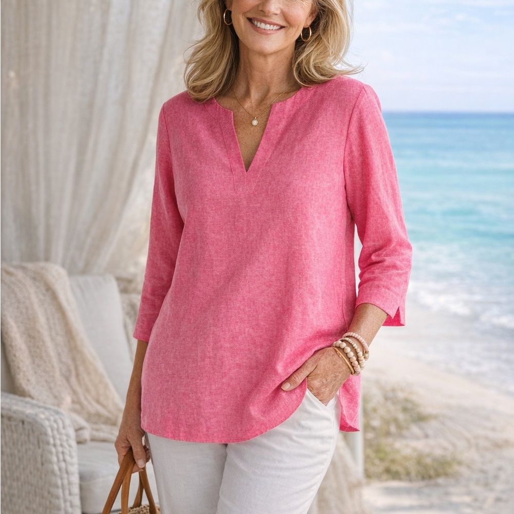 Lands' End Linen Blend Top Women Medium Pink 3/4 Sleeve Split Neck Relaxed Fit‎